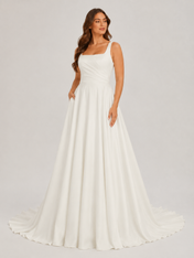 Elegant Square Neckline Pleated Satin A-Line Wedding Dress with Chapel Train