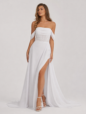 Elegant Off-the-Shoulder Draped Corset Chiffon A-Line Wedding Dress with High Slit and Sweep Train