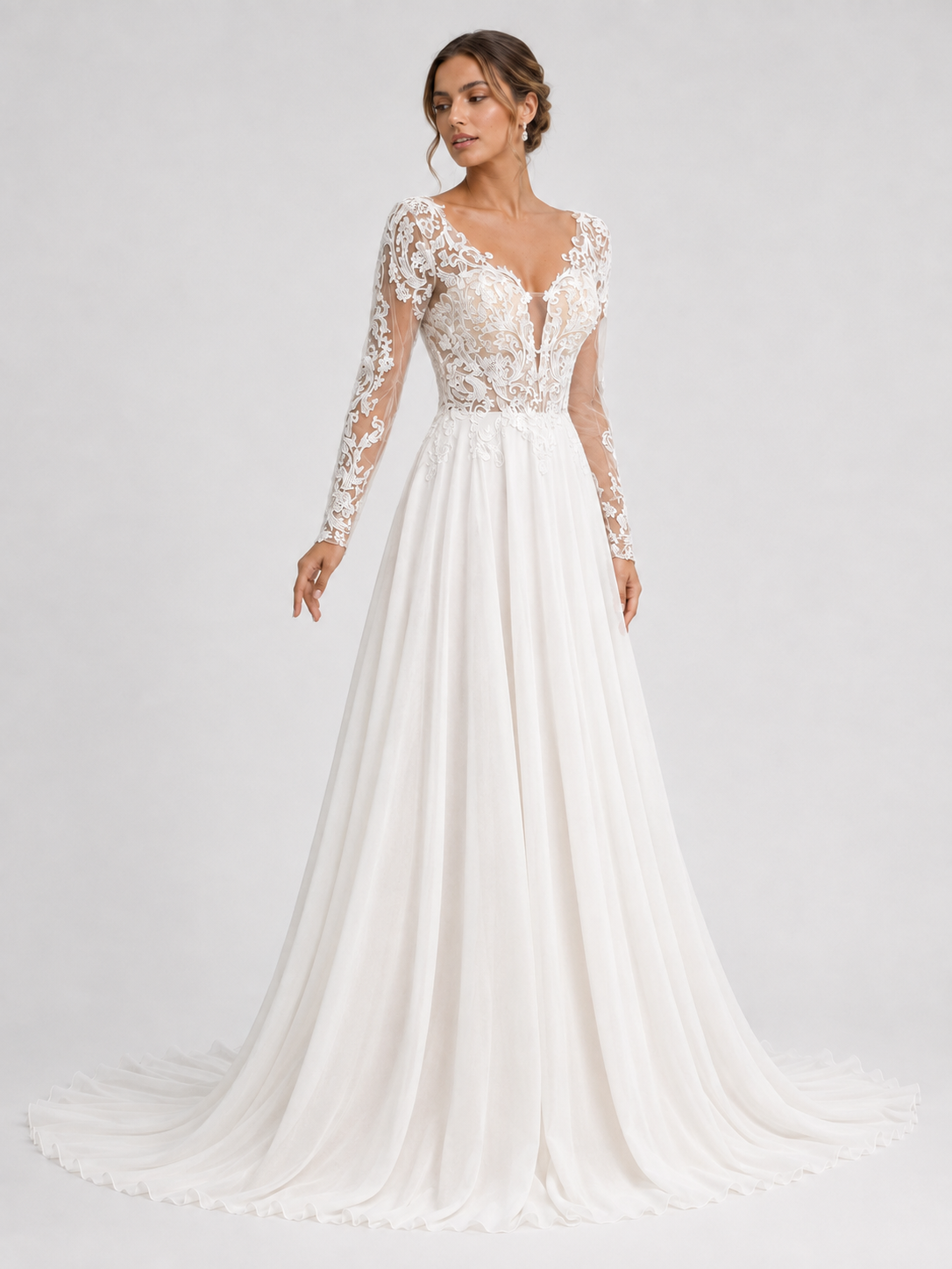 Elegant Long Sleeve V-Neck Illusion Lace Chiffon A-Line Wedding Dress with Chapel Train