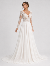 Elegant Long Sleeve V-Neck Illusion Lace Chiffon A-Line Wedding Dress with Chapel Train