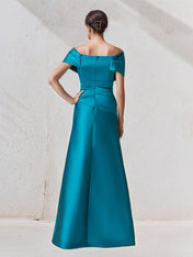 A Line Off The Shoulder Floor Length Satin Mother Of The Bride Dress