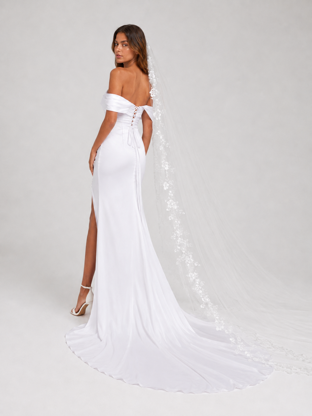Elegant Off-the-Shoulder Ruched Satin Sheath Wedding Dress with High Slit and Chapel Train