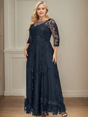 A-line Scoop Illusion Floor-Length Tulle Lace Mother of the Bride Dress With Sequins