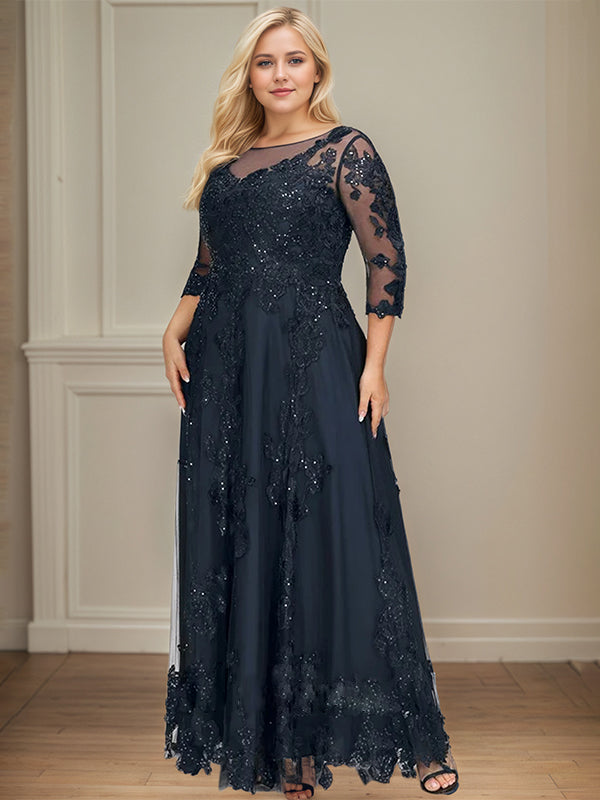 A-line Scoop Illusion Floor-Length Tulle Lace Mother of the Bride Dress With Sequins