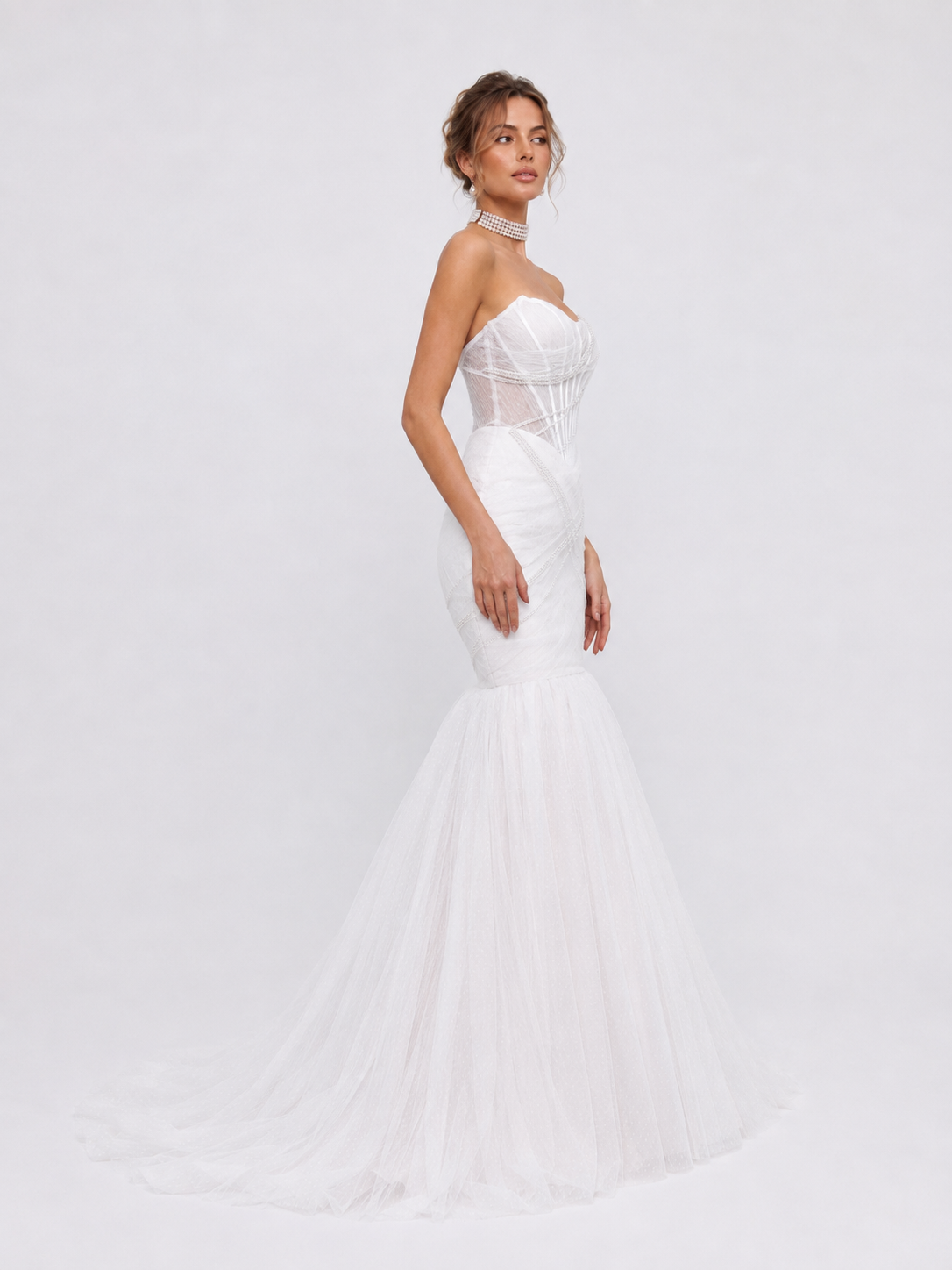 Elegant Strapless Ruched Tulle Mermaid Wedding Dress with Corset Bodice and Chapel Train