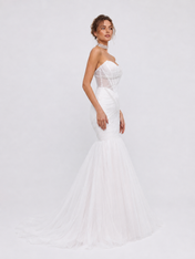 Elegant Strapless Ruched Tulle Mermaid Wedding Dress with Corset Bodice and Chapel Train