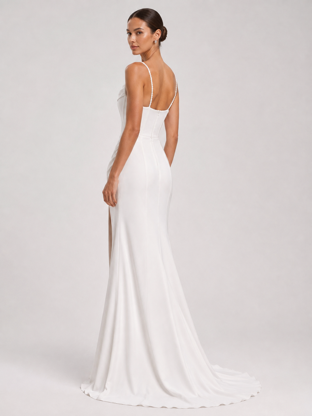 Elegant Draped Cowl-Neck Satin Sheath Wedding Dress with High Slit and Chapel Train