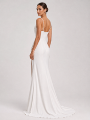 Elegant Draped Cowl-Neck Satin Sheath Wedding Dress with High Slit and Chapel Train
