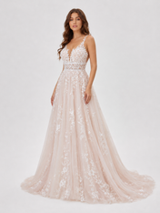 Elegant Illusion V-Neck Lace Applique A-Line Wedding Dress with Chapel Train