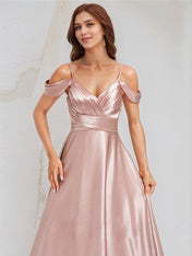 A Line Dusty Rose Satin Spaghetti Straps Sleeveless Floor Length Dress