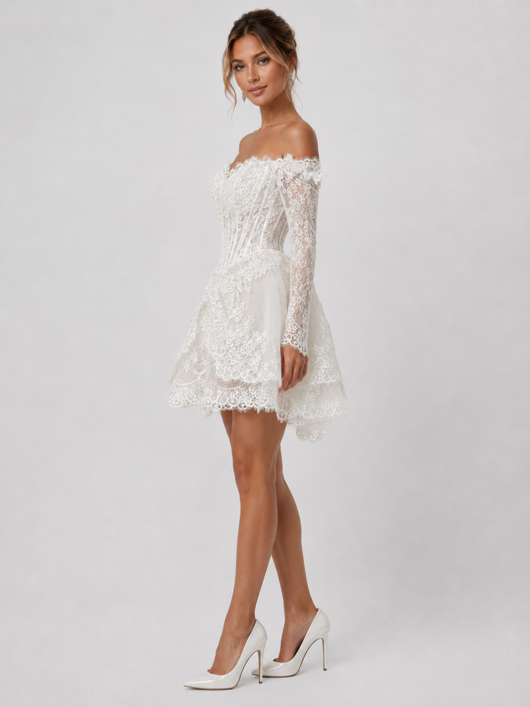 Elegant Off-the-Shoulder Lace Corset Mini Wedding Dress with Long Sleeves and Lace-Up Back
