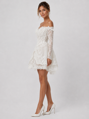 Elegant Off-the-Shoulder Lace Corset Mini Wedding Dress with Long Sleeves and Lace-Up Back