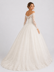 Elegant Off-the-Shoulder Long Sleeve Lace Applique A-Line Wedding Dress with Chapel Train