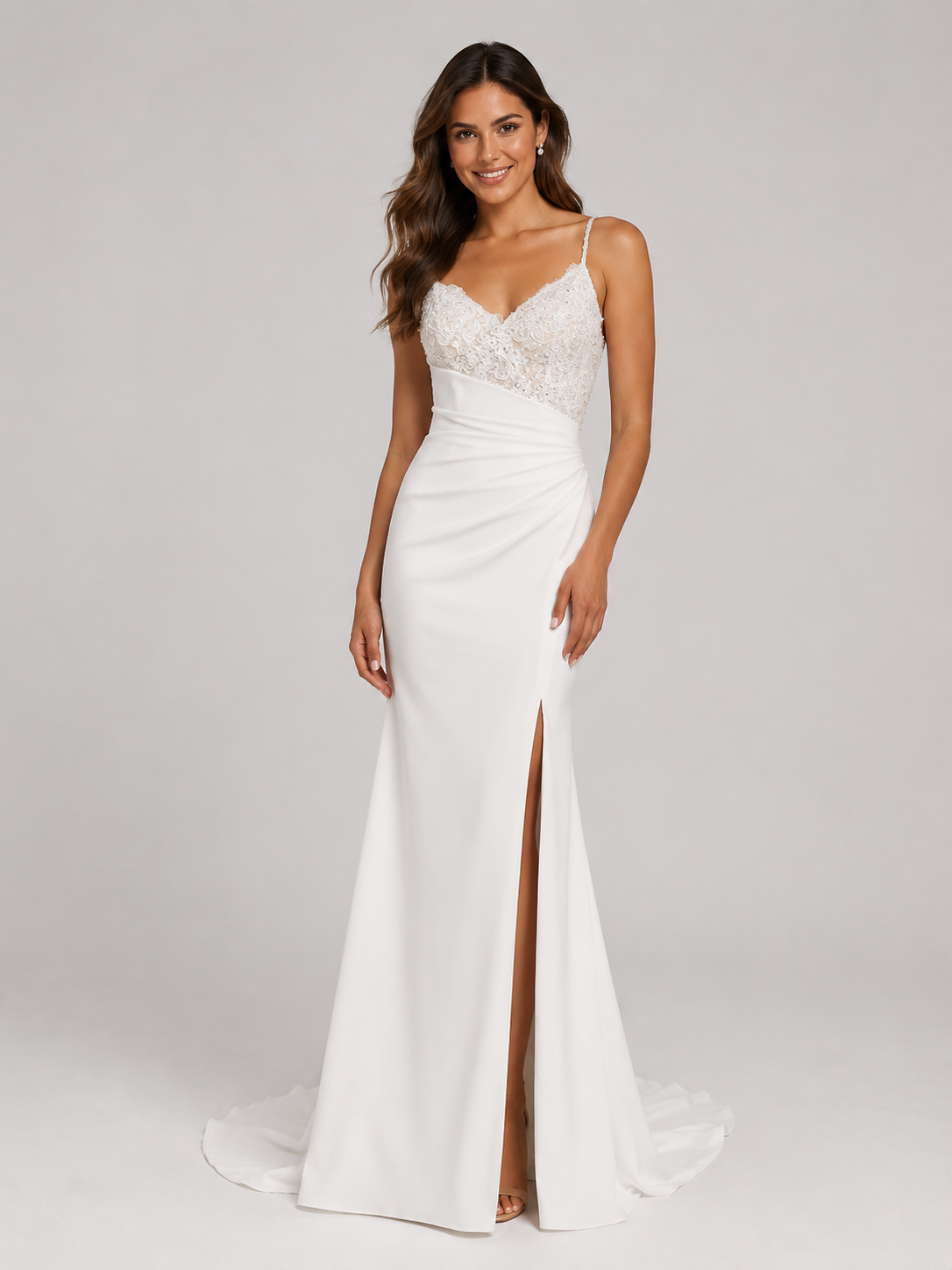Elegant Lace Bodice Satin Mermaid Wedding Dress with High Slit and Chapel Train
