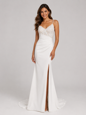 Elegant Lace Bodice Satin Mermaid Wedding Dress with High Slit and Chapel Train