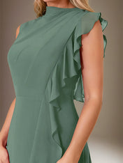 Eucalyptus A Line Chiffon High Neck Sleeveless Floor Length Dress With Cascading Ruffles