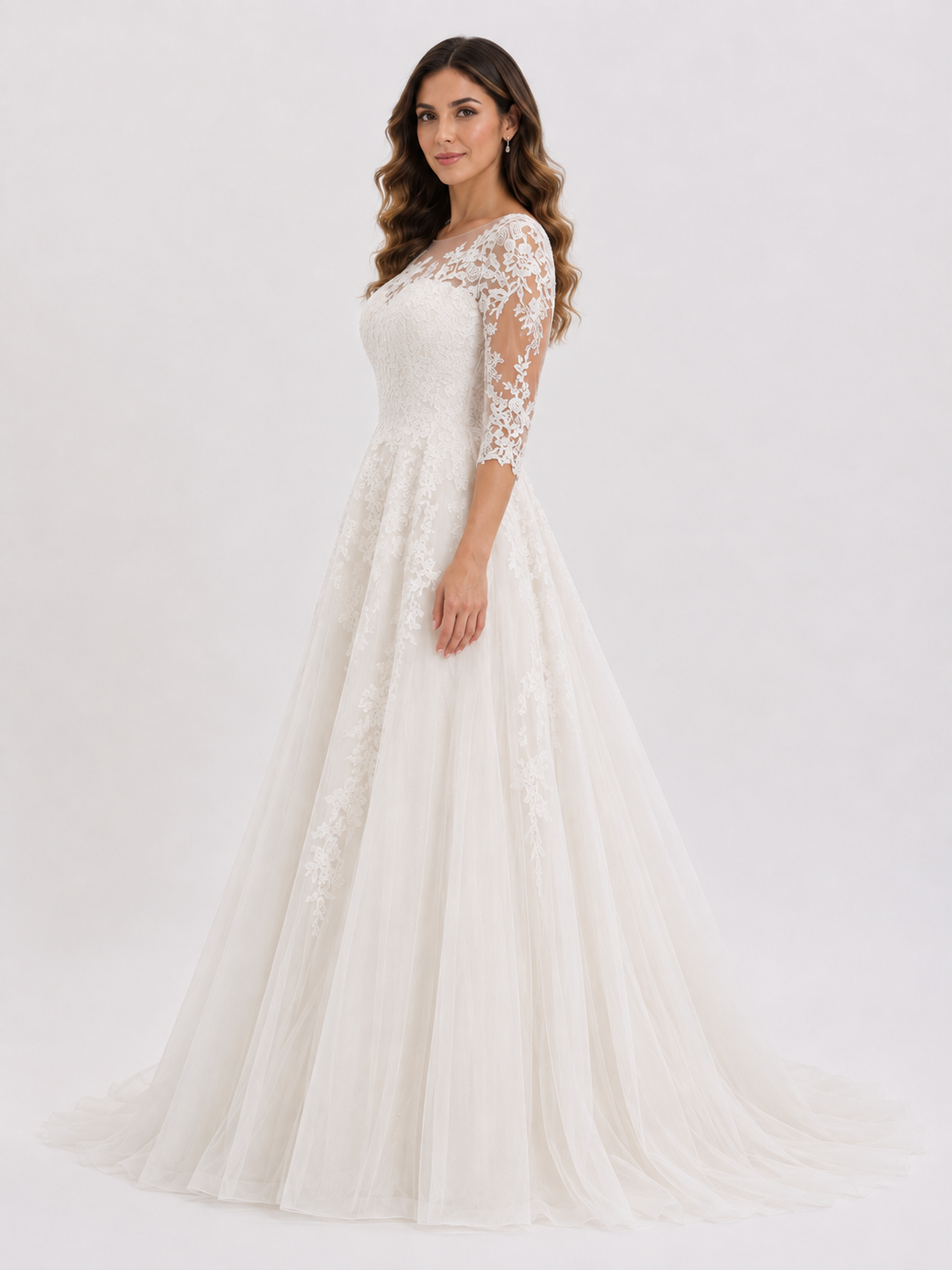 Elegant Illusion Lace Applique A-Line Wedding Dress with Sweep Train