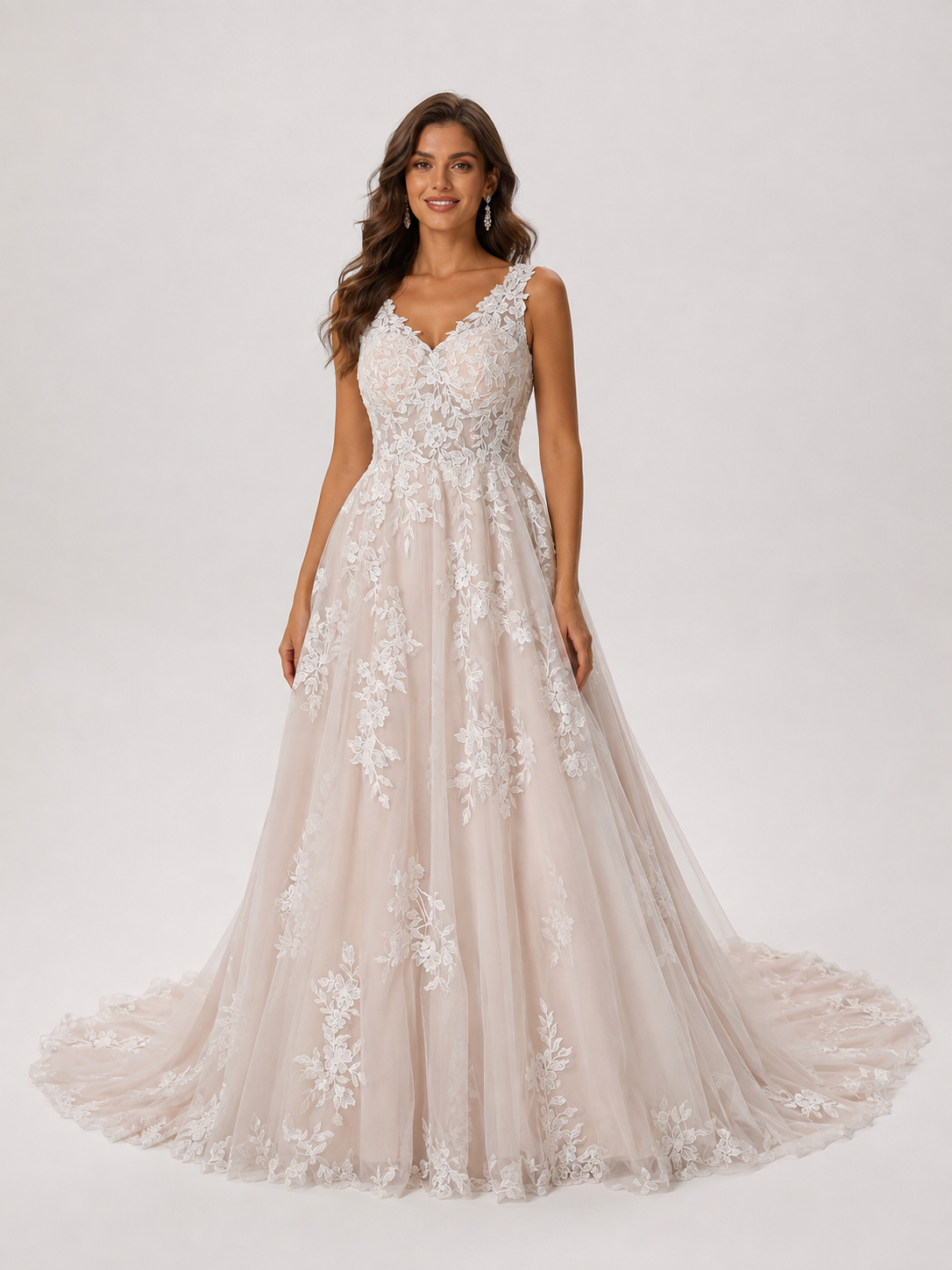 Elegant V-Neck Appliqued Tulle A-Line Wedding Dress with Chapel Train
