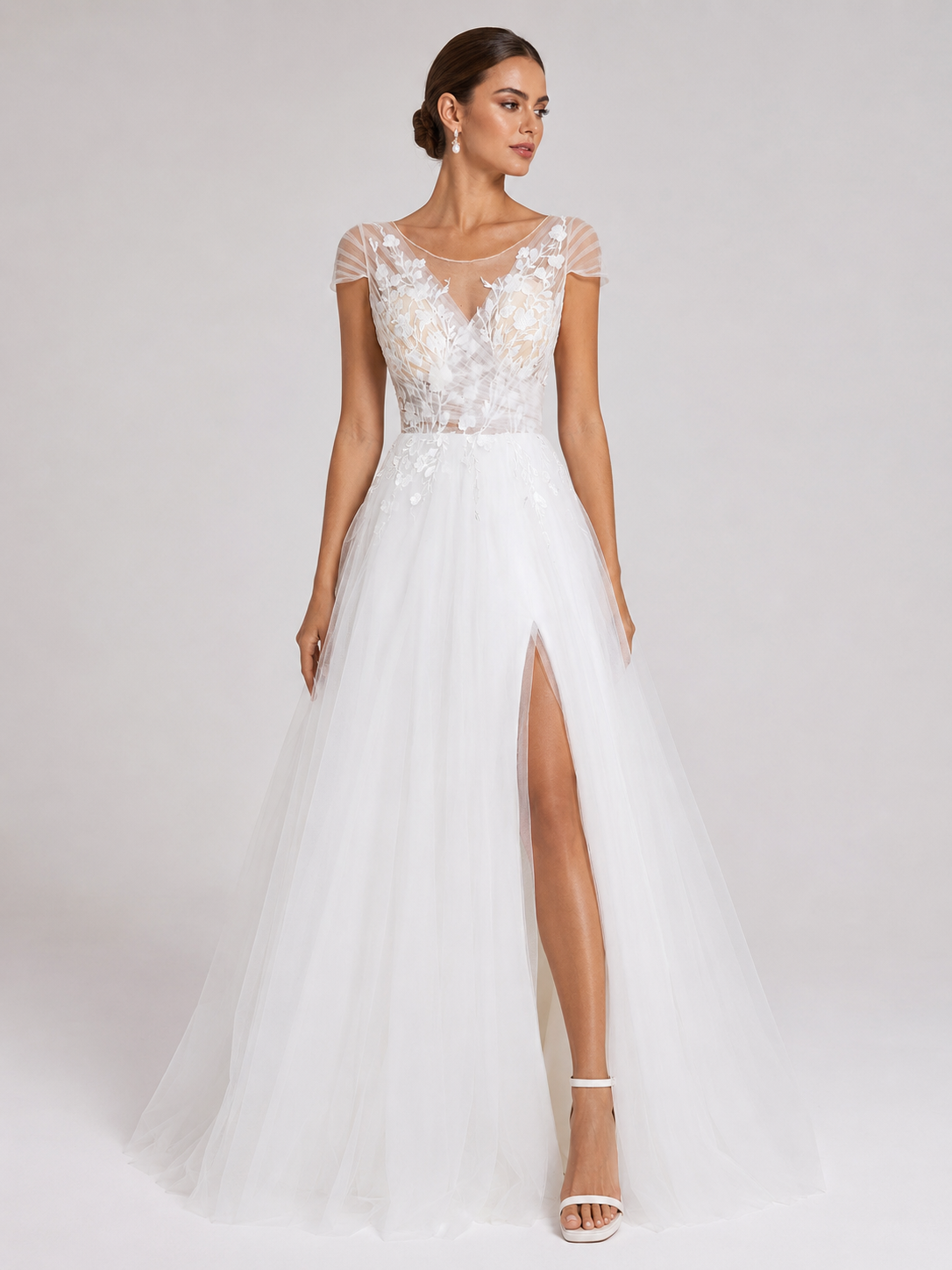 Elegant Cap Sleeve Lace Appliquéd Tulle A-Line Wedding Dress with High Slit and Chapel Train