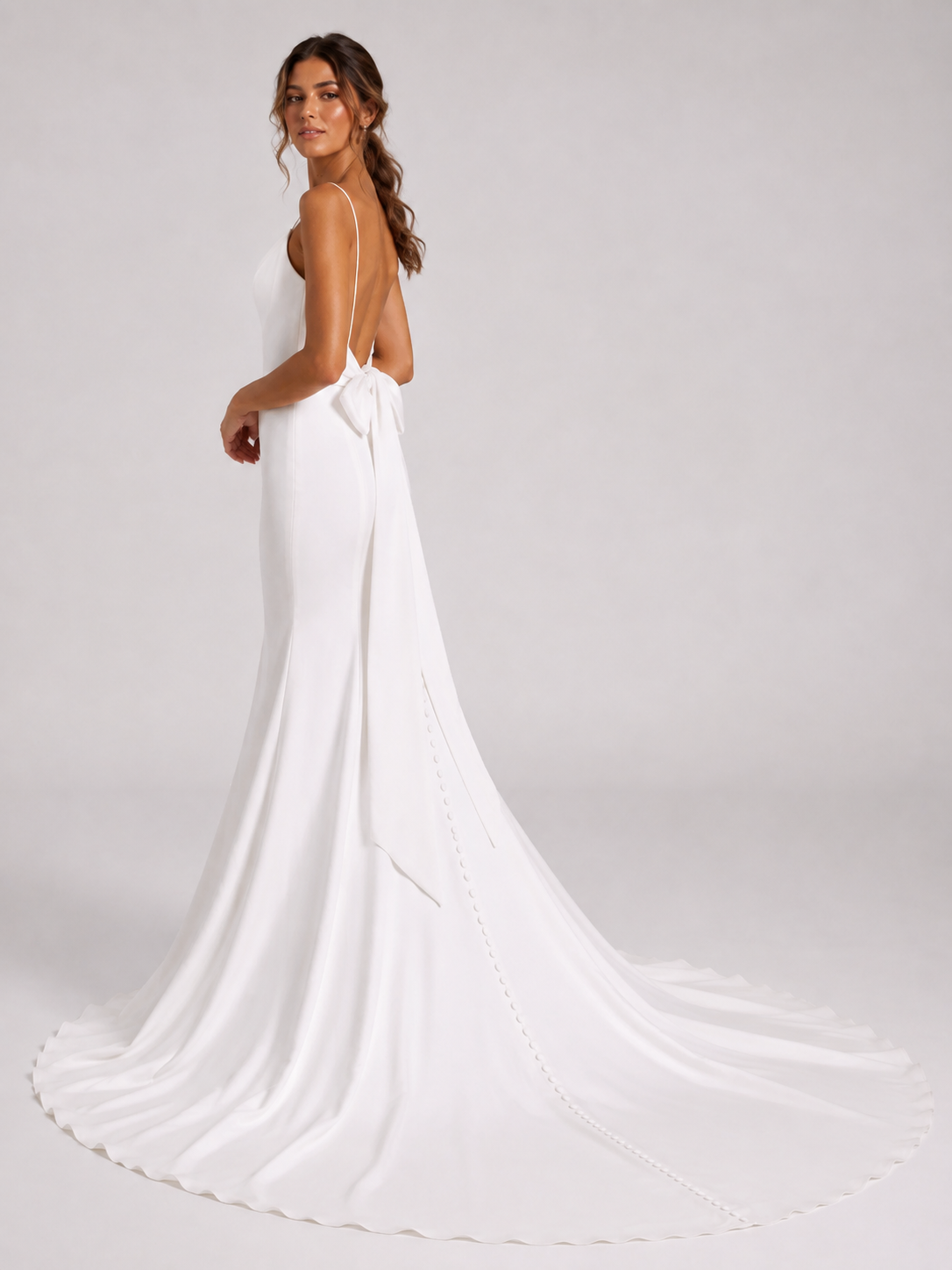Elegant V-Neck Bow-Back Satin Mermaid Wedding Dress with Chapel Train