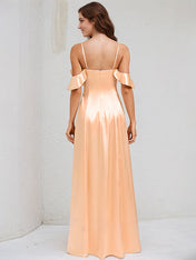 Coral Satin A Line Spaghetti Straps Sleeveless Floor Length Bridesmaid Dress With Ruffles