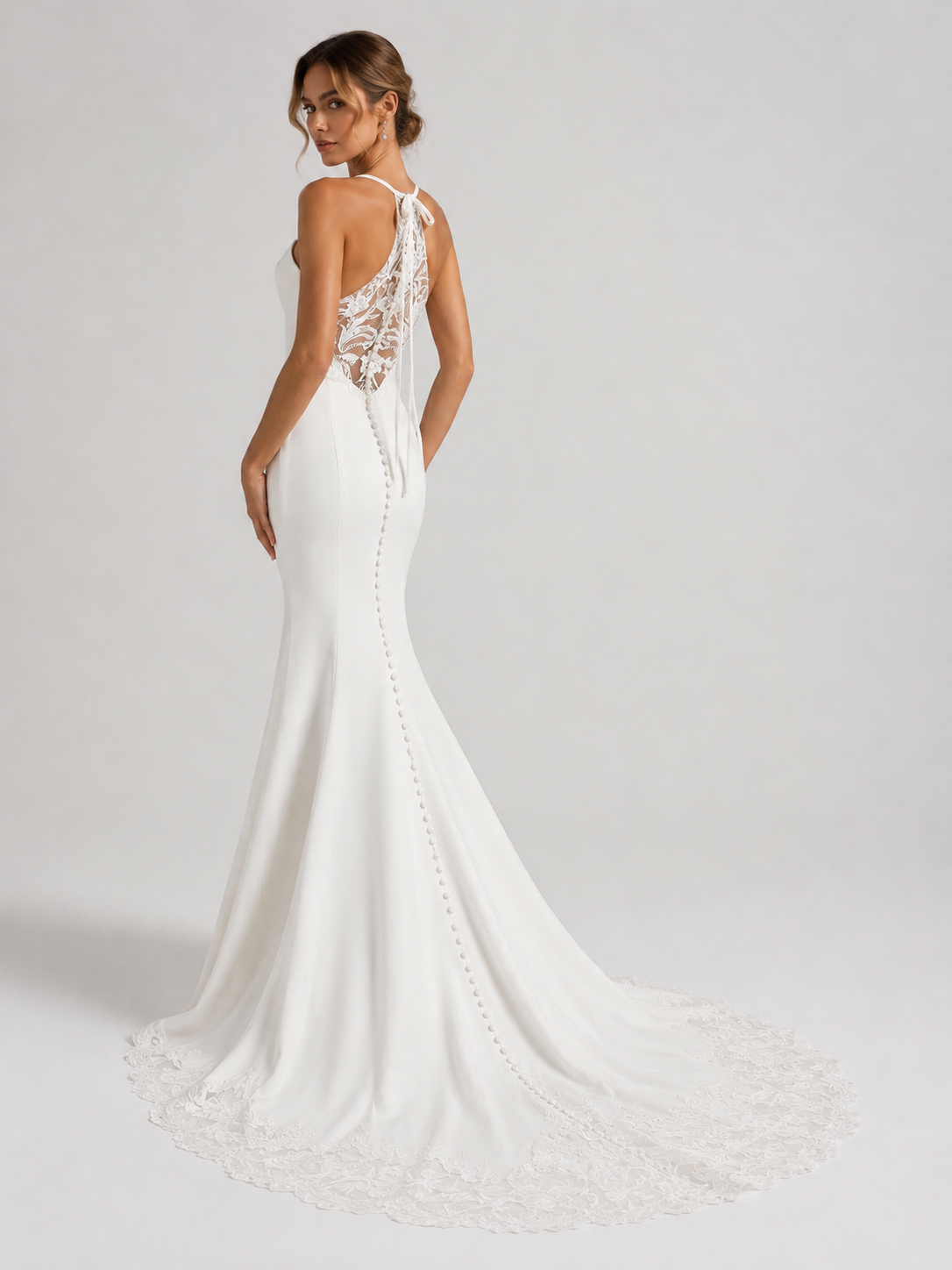 Elegant Spaghetti Strap Satin Sheath Wedding Dress with Lace Illusion Back and Chapel Train