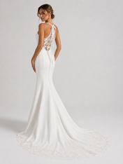 Elegant Spaghetti Strap Satin Sheath Wedding Dress with Lace Illusion Back and Chapel Train