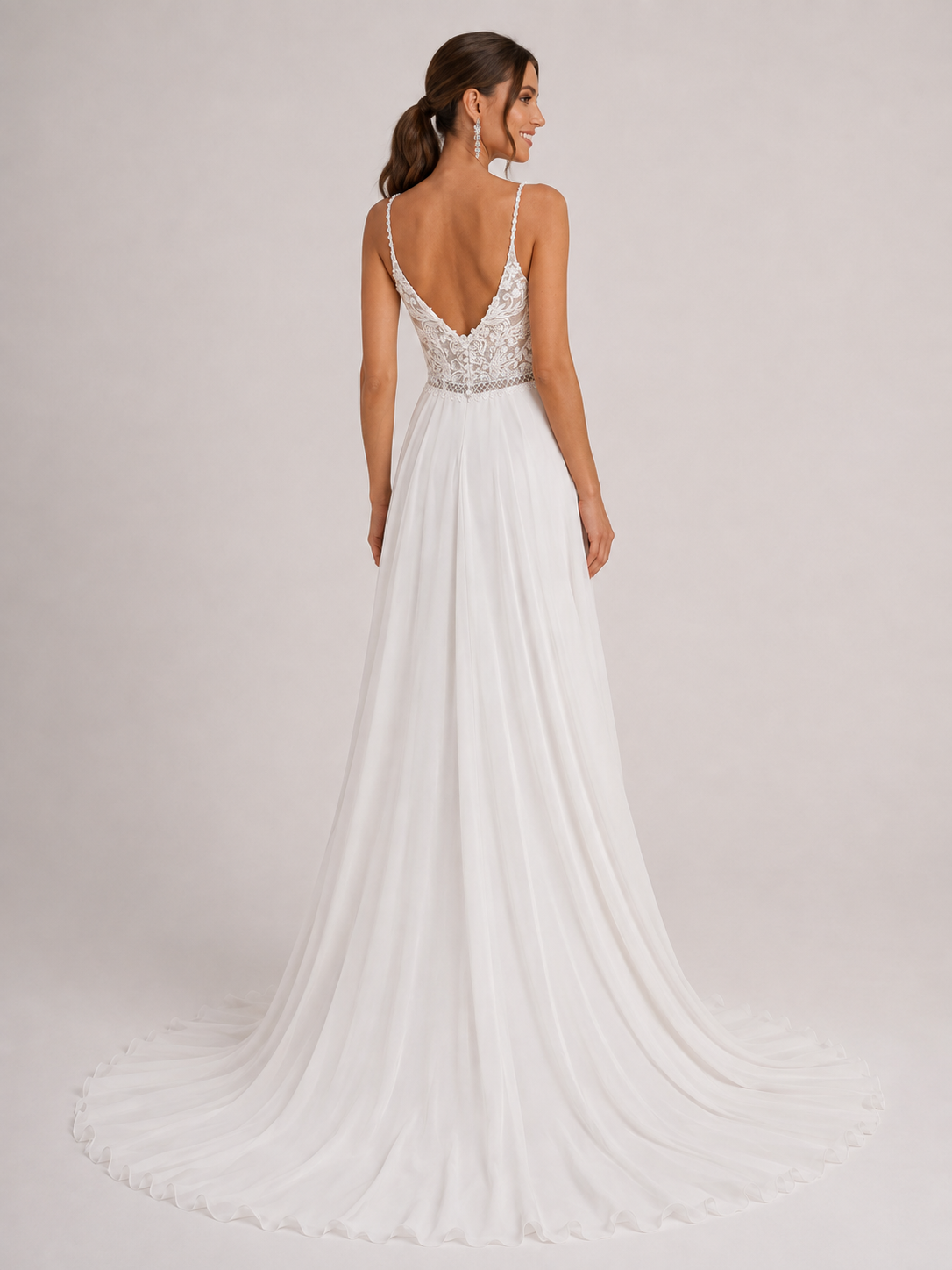 Elegant Sweetheart Lace Bodice Chiffon A-Line Wedding Dress with High Slit and Chapel Train