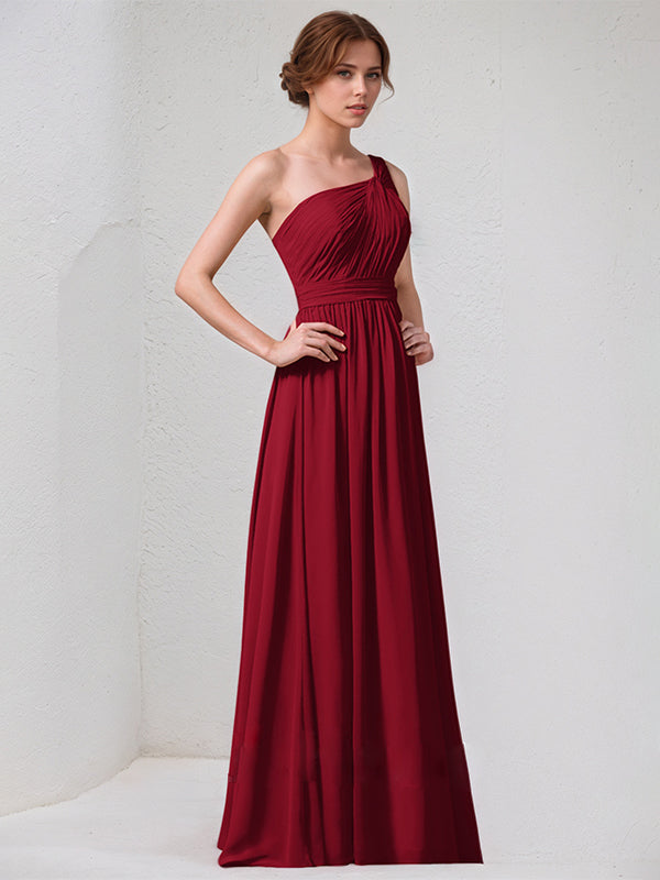 Burgundy A-Line One-Shoulder Floor-length Chiffon Bridesmaid Dress