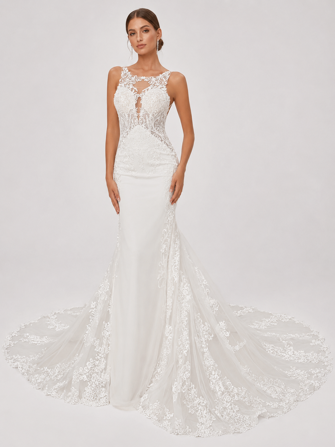 Elegant High-Neck Lace Applique Mermaid Wedding Dress with Illusion Keyhole and Chapel Train