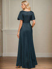 A-Line Asymmetrical Floor-Length Matte Satin Mother of the Bride Dress With Beading Sequins Pleated