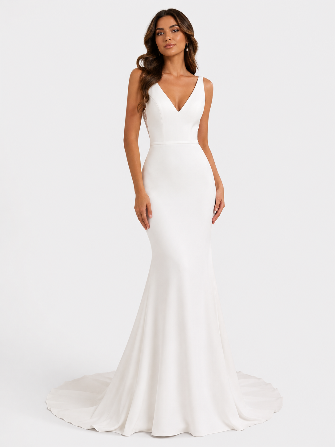 Elegant V-Neck Sheer Illusion Back Satin Mermaid Wedding Dress with Chapel Train