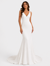 Elegant V-Neck Sheer Illusion Back Satin Mermaid Wedding Dress with Chapel Train