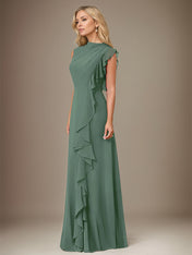 Eucalyptus A Line Chiffon High Neck Sleeveless Floor Length Dress With Cascading Ruffles