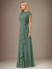 Eucalyptus A Line Chiffon High Neck Sleeveless Floor Length Dress With Cascading Ruffles