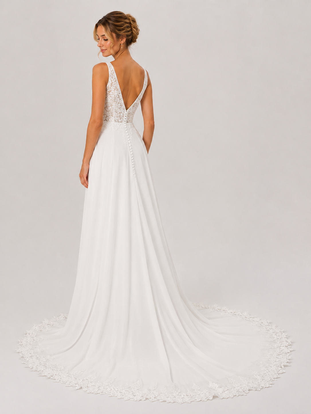 Elegant V-Neck Lace Bodice Chiffon A-Line Wedding Dress with Chapel Train