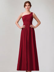 Burgundy A-Line One-Shoulder Floor-length Chiffon Bridesmaid Dress