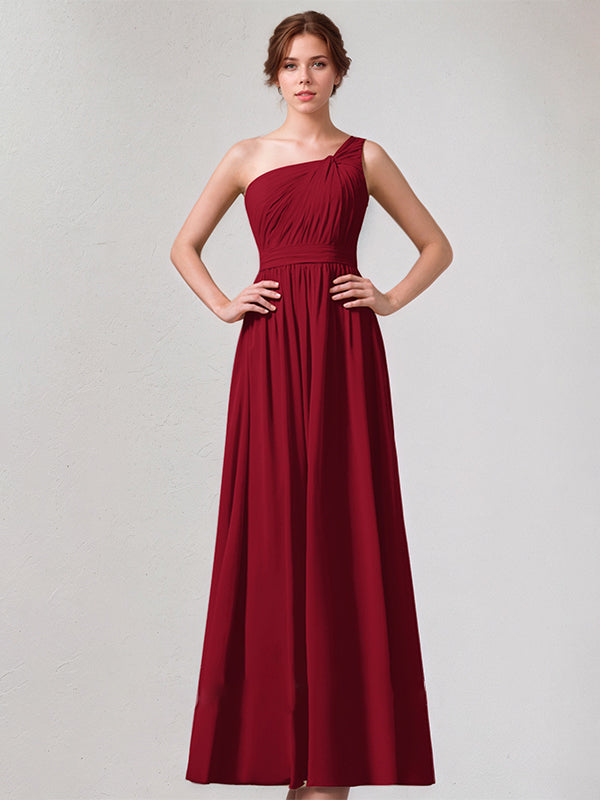 Burgundy A-Line One-Shoulder Floor-length Chiffon Bridesmaid Dress