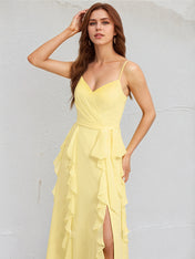 A Line Yellow Chiffon Spaghetti Straps Sleeveless Floor Length Dress With Ruffles
