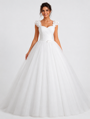 Elegant Ruched Tulle A-Line Wedding Dress with Ruffled Floral Straps and Chapel Train