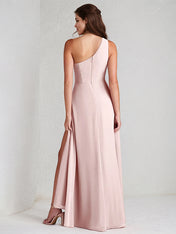 A Line Pink Chiffon One Shoulder Sleeveless Ankle Length Dress With High Slit
