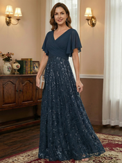 A-line V-Neck Floor-Length Lace Sequin Chiffon Mother of the Bride Dress With Pleated