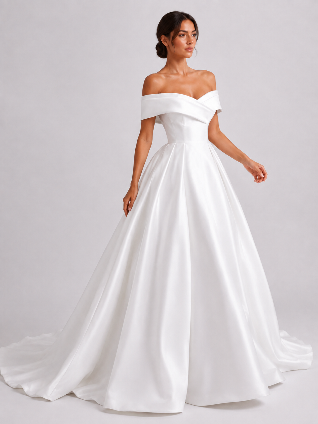 Elegant Off-The-Shoulder Satin Ball Gown Wedding Dress with Sweep Train