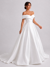 Elegant Off-The-Shoulder Satin Ball Gown Wedding Dress with Sweep Train