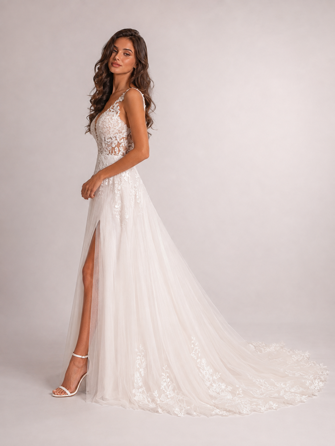 Elegant V-Neck Lace Applique A-Line Wedding Dress with High Slit and Chapel Train