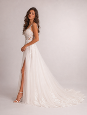 Elegant V-Neck Lace Applique A-Line Wedding Dress with High Slit and Chapel Train