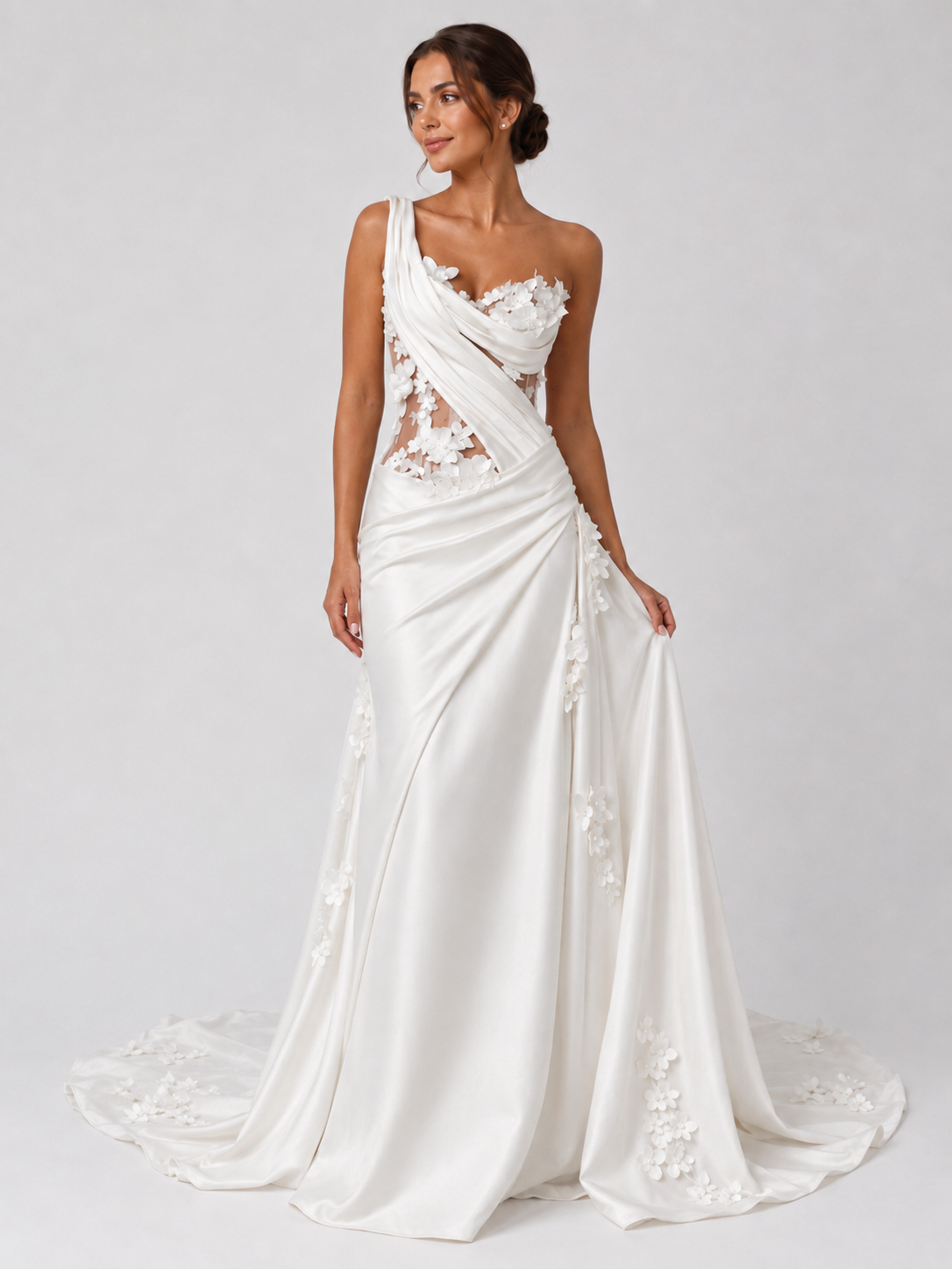 3D Floral Applique Satin Sheath Wedding Dress with Sweep Train