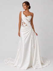 3D Floral Applique Satin Sheath Wedding Dress with Sweep Train