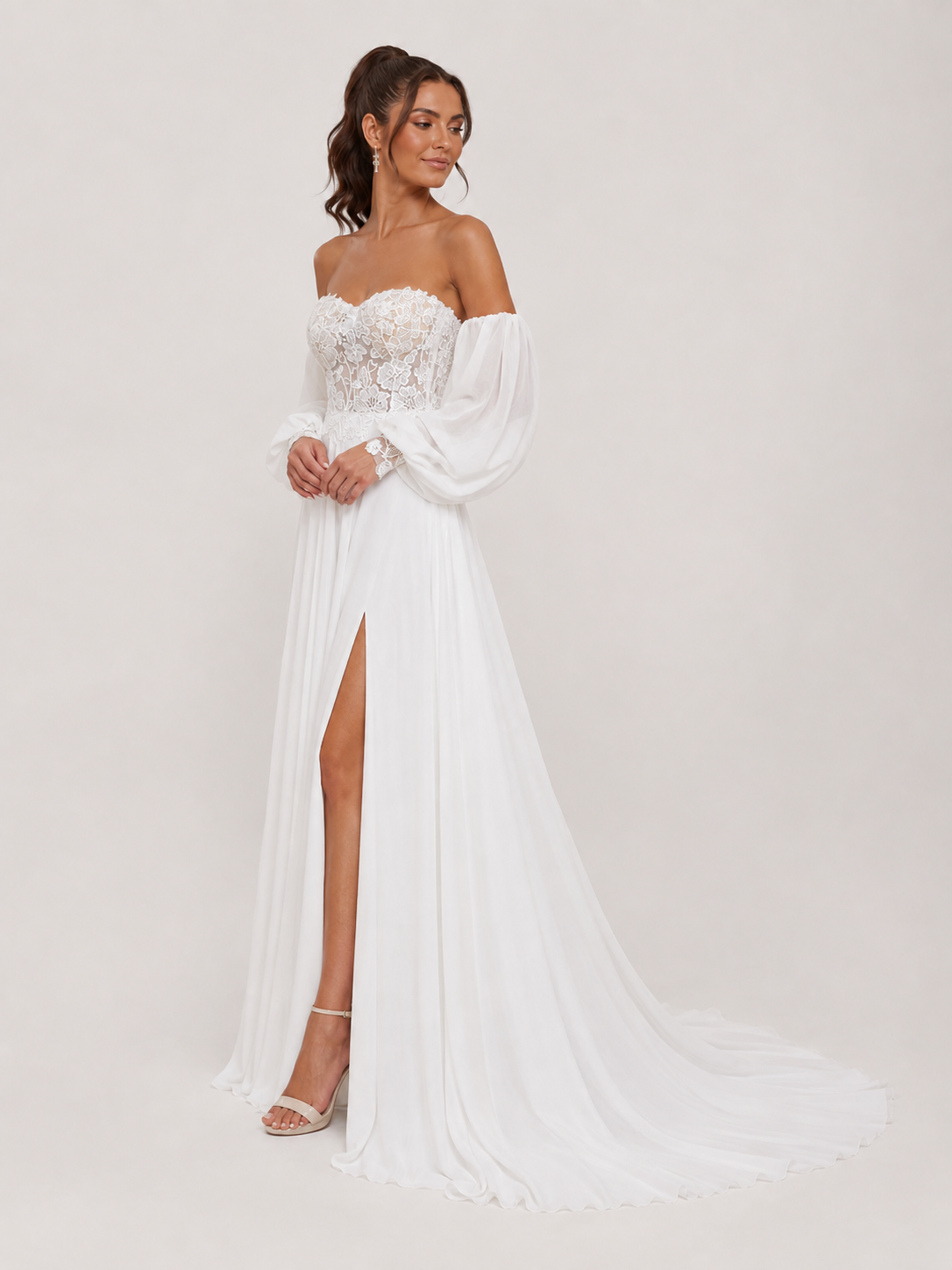 Elegant Off-the-Shoulder Lace Bodice Chiffon A-Line Wedding Dress with High Slit and Chapel Train