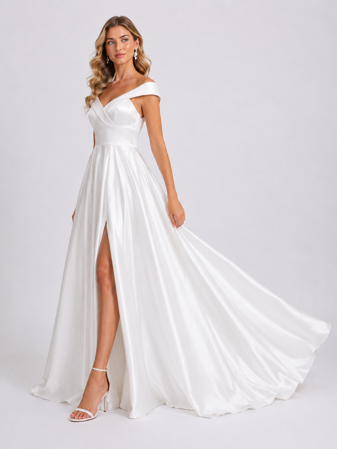 Elegant Off-the-Shoulder V-Neck Ruched Satin A-Line Wedding Dress with High Slit and Chapel Train